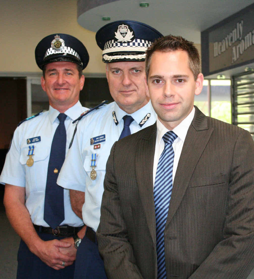 RECOGNITION: Sgt Greg Jones, Assistant Commissioner Mike Condon and Rockhampton CIB Constable James Verney. RECOGNITION: Sgt Greg Jones, Assistant Commissioner Mike Condon and Rockhampton CIB Constable James Verney.